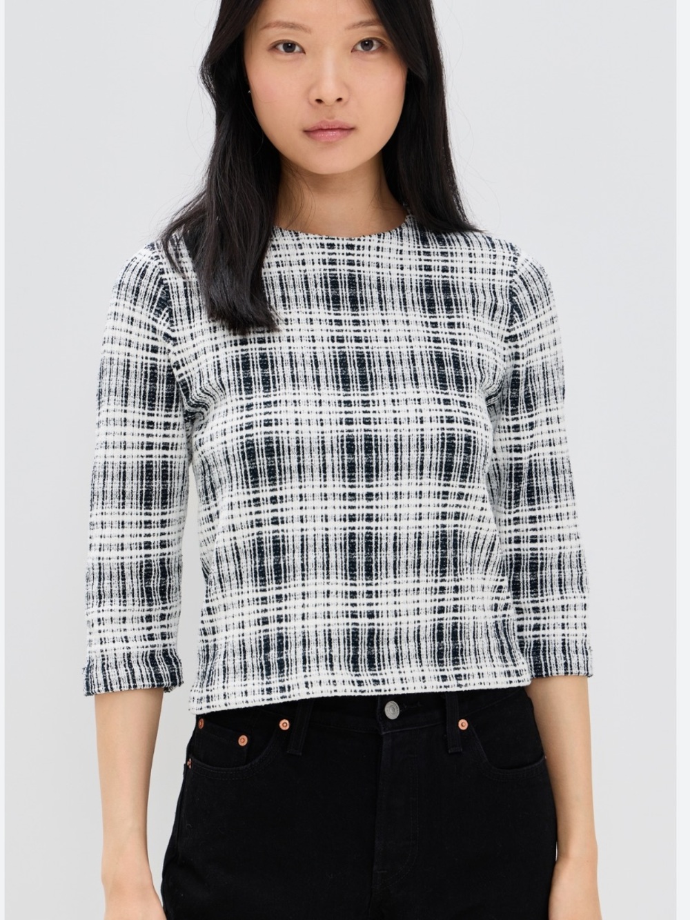 Vince NWOT Boucle Elbow Sleeve Plaid Knit Top Size Medium